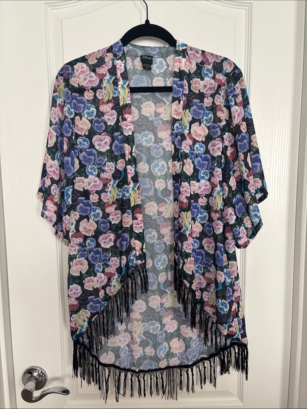 Disney Alice in Wonderland Black Floral Sheer Fringe Kimono - Multicolor Flowers